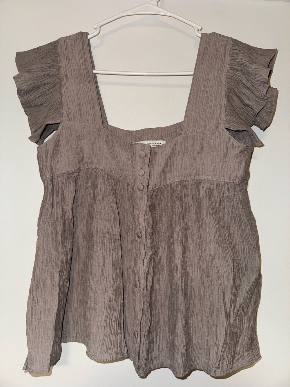 Zara Taupe Babydoll Blouse Square Neck Ruffle Flutter Sleeve XS